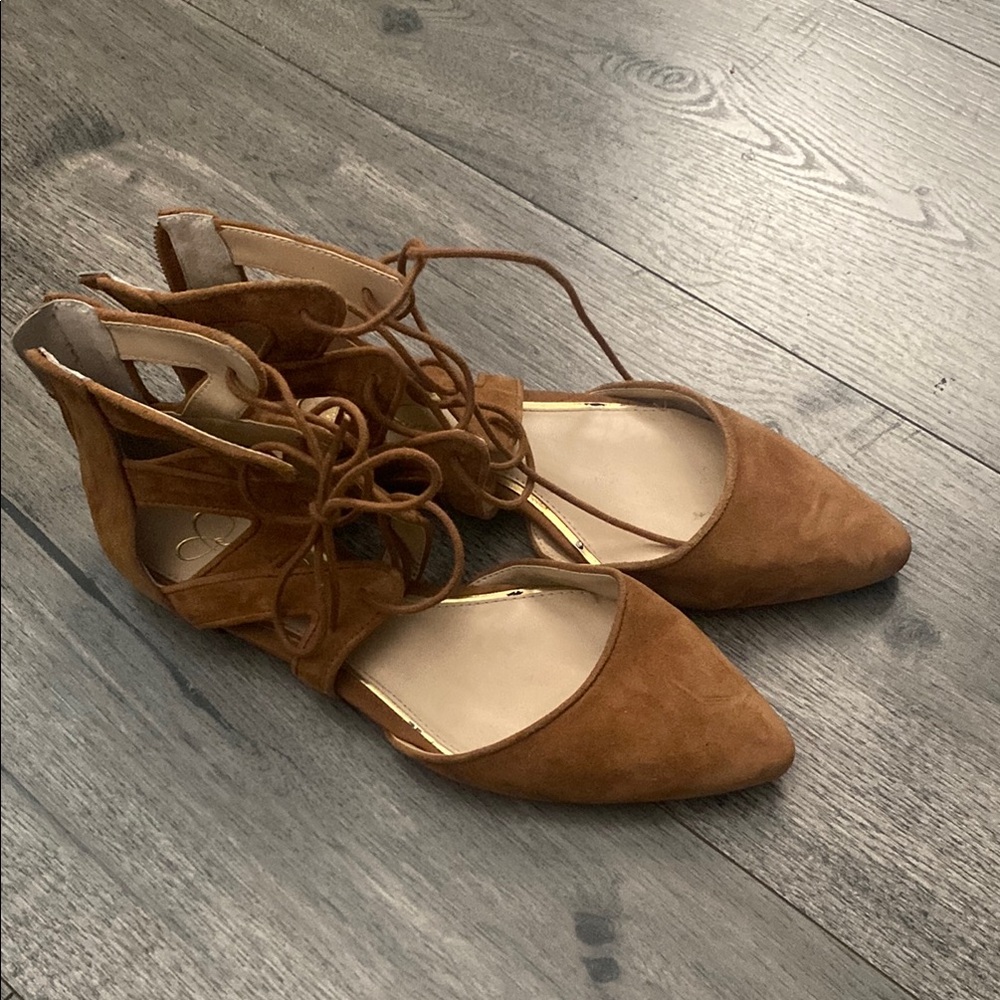 Jessica Simpson Tan Lace-Up Flats with Suede Finish